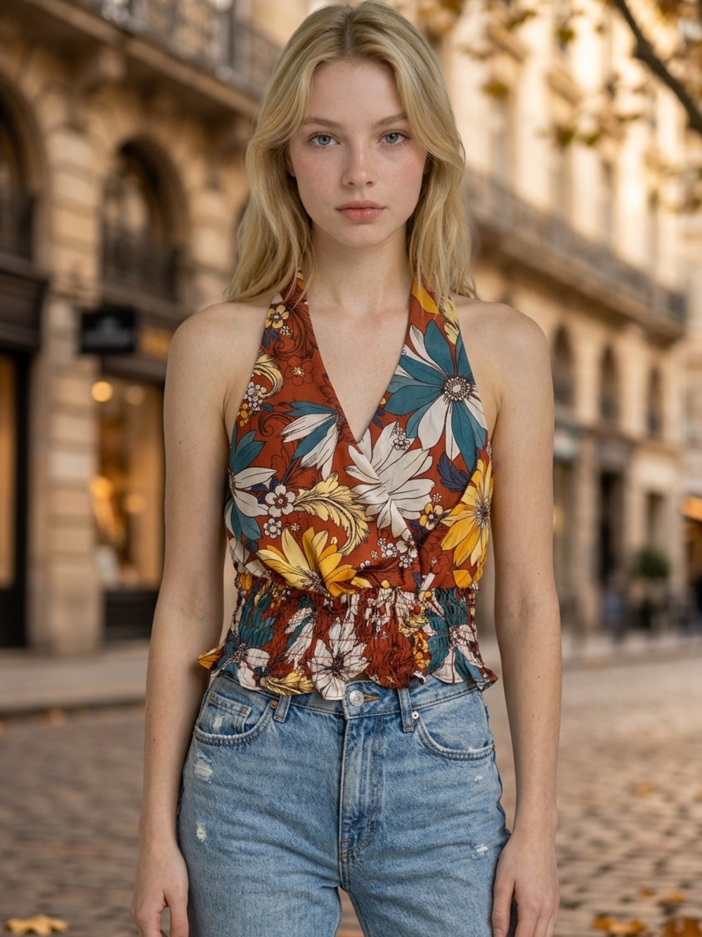 Sienna Sky Rust Floral Smocked Halter Top - Teal & Mustard Accents